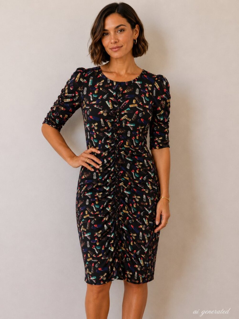 Nicole Miller Lipstick Print Ruched Bodycon Dress Women's M 3/4 Puff Sleeve NWT